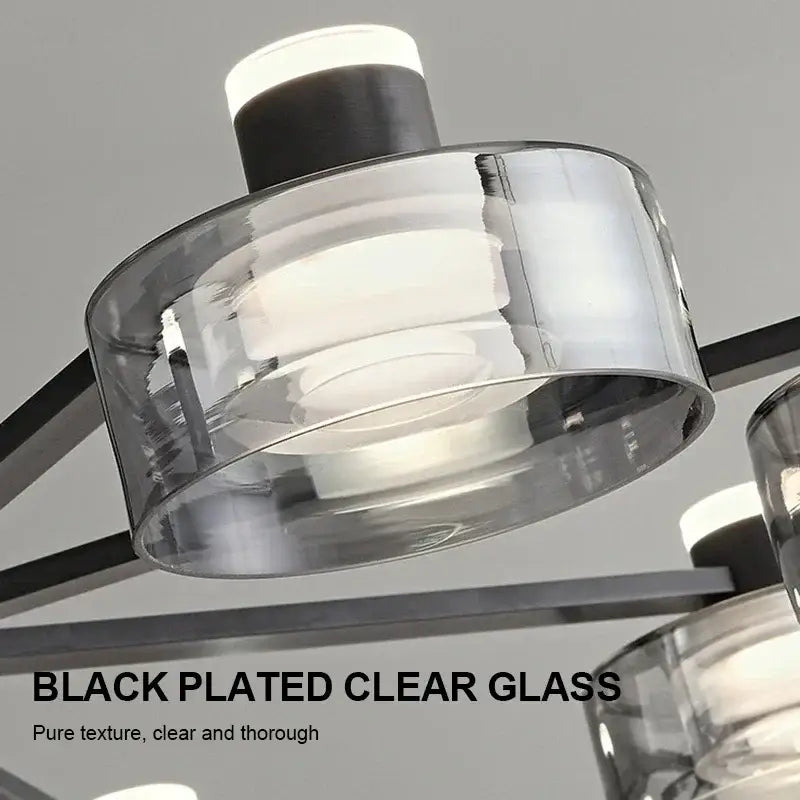 Modern black and chrome glass led chandelier with sleek black-plated frame and clear glass shades for living room lighting