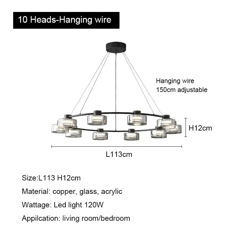 Modern black and chrome glass led chandelier with ten clear acrylic globe lights for living room lighting