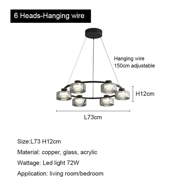 Modern black and chrome glass led chandelier with six glass and acrylic light heads for living room lighting