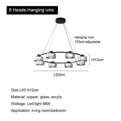 Modern black copper glass led chandelier with eight clear glass led light fixtures for living room light