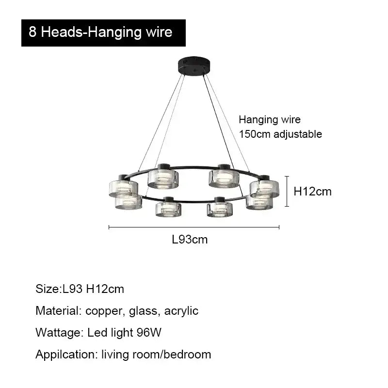 Modern black copper glass led chandelier with eight clear glass led light fixtures for living room light
