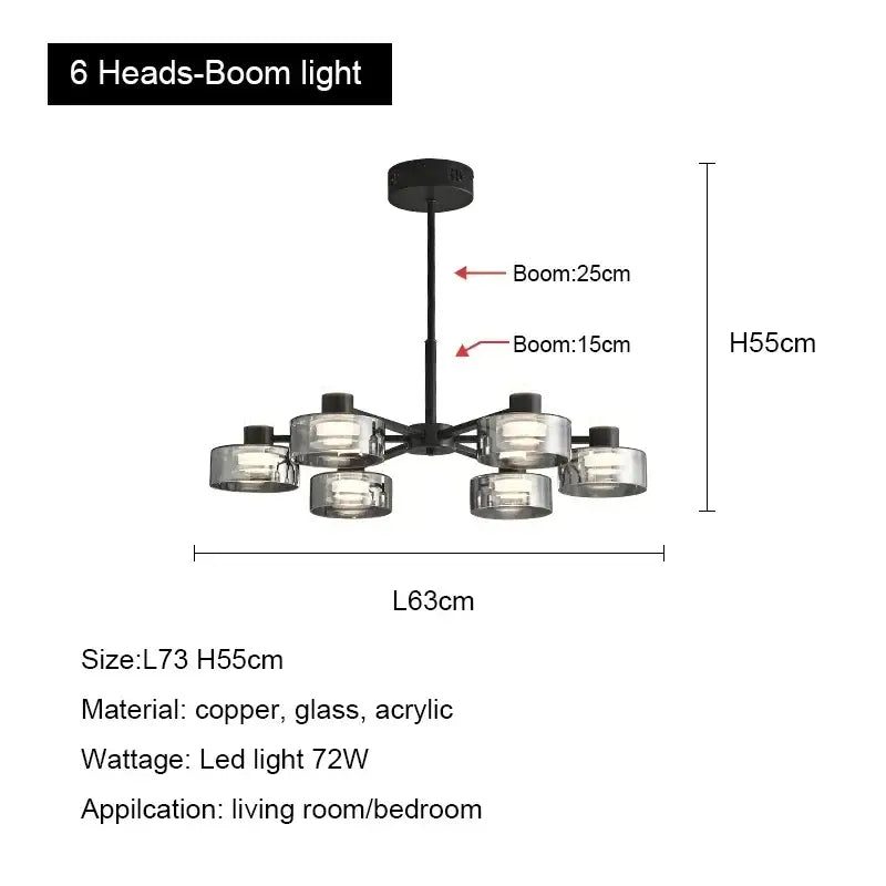 Modern black copper chandelier with six glass and acrylic fixtures for living room glass led chandelier lighting