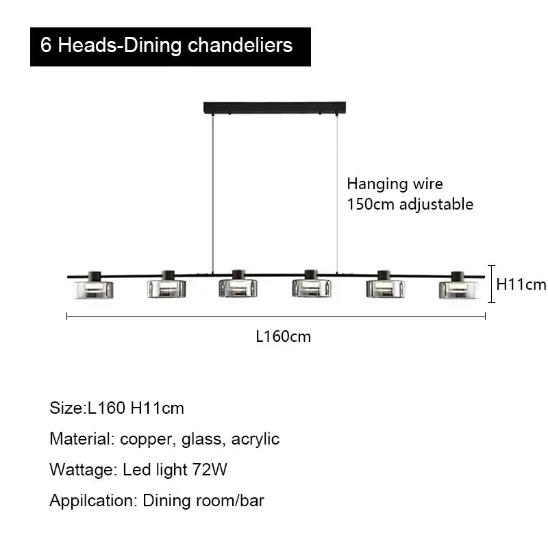 Modern black and chrome glass led chandelier with six led lights for living room lighting