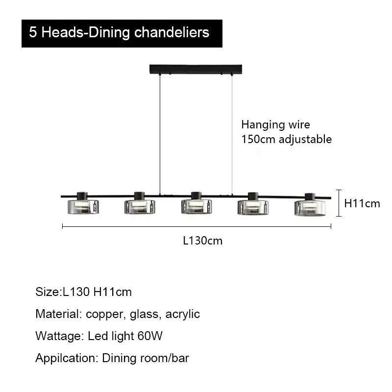 Modern black and chrome glass led chandelier with five adjustable black copper led light heads for living room use