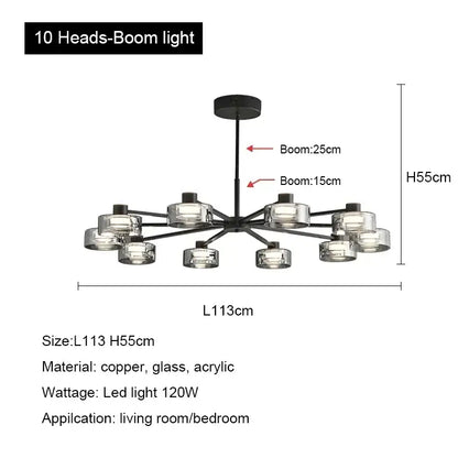 Modern black and chrome glass led chandelier with ten clear glass and acrylic globe lights for living room lighting