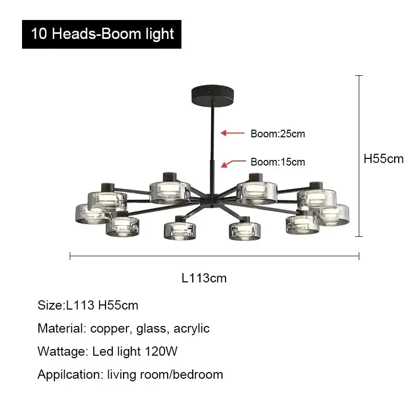 Modern black and chrome glass led chandelier with ten clear glass and acrylic globe lights for living room lighting