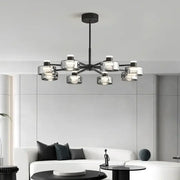 Modern black and chrome glass led chandelier with six cylindrical glass shades for living room lighting