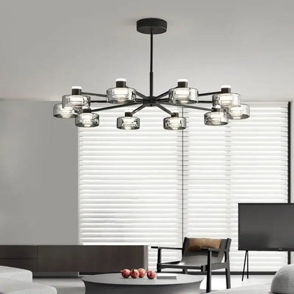 Modern black and chrome glass led chandelier with clear glass shades and multiple bulbs for living room lighting