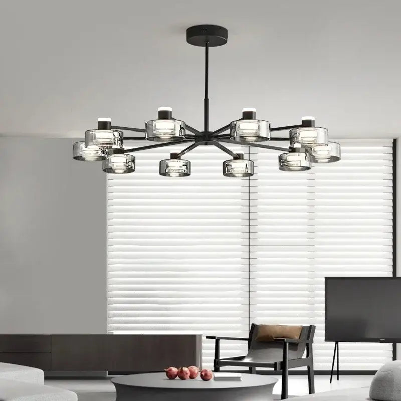 Modern black and chrome glass led chandelier with clear glass shades and multiple bulbs for living room lighting