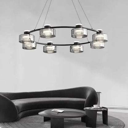 Modern black and chrome glass led chandelier with clear cylindrical shades for living room lighting