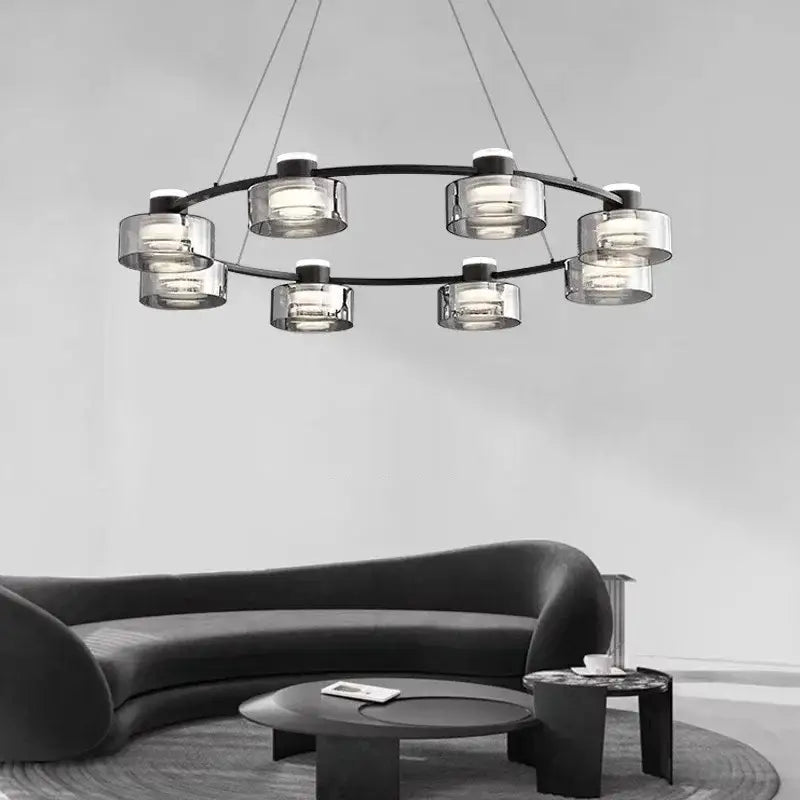 Modern black and chrome glass led chandelier with clear cylindrical shades for living room lighting