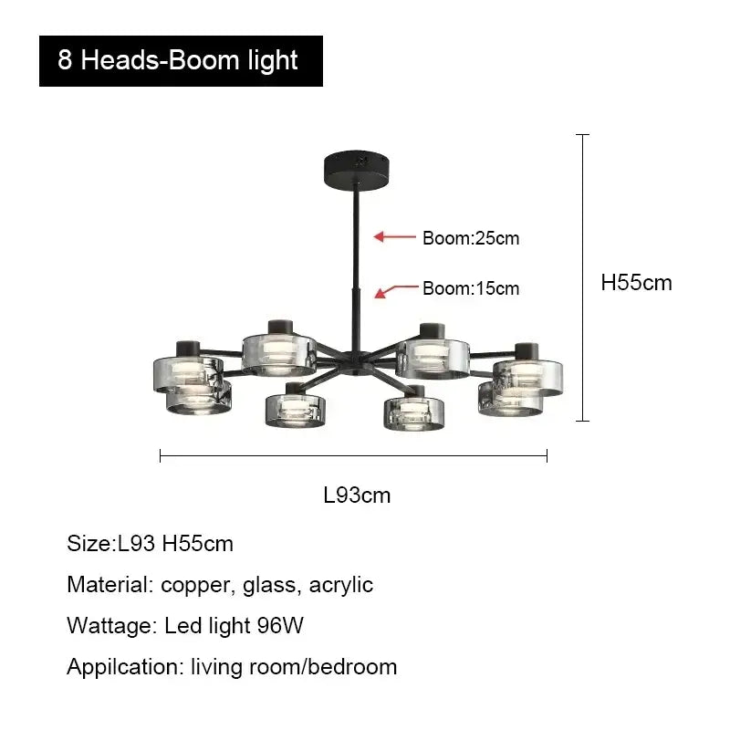 Modern black and chrome eight-light glass led chandelier with acrylic fixtures for living room lighting