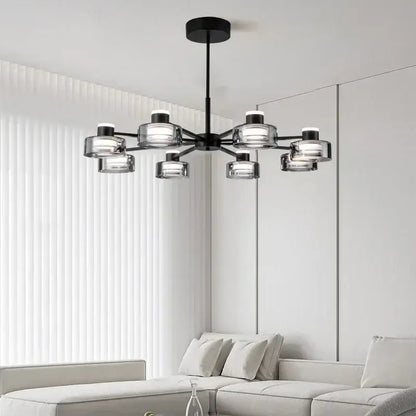 Modern black and chrome glass led chandelier with clear glass shades and circular led bulbs for living room light