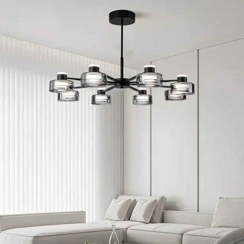 Modern black and chrome glass led chandelier with clear glass shades and circular led bulbs for living room light