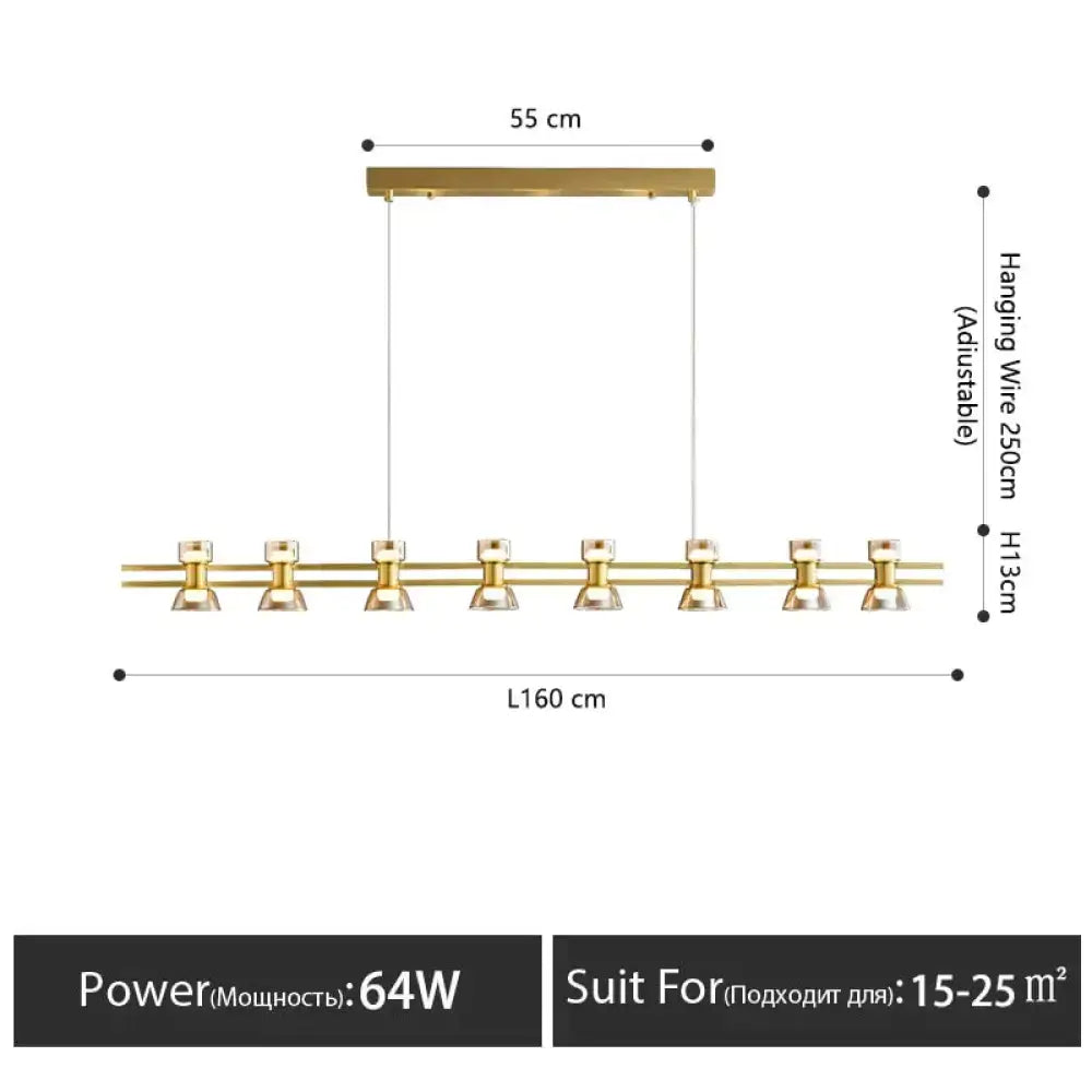 Modern black and chrome led strip lamp with ten gold-finished sleek fixtures for kitchen island lighting