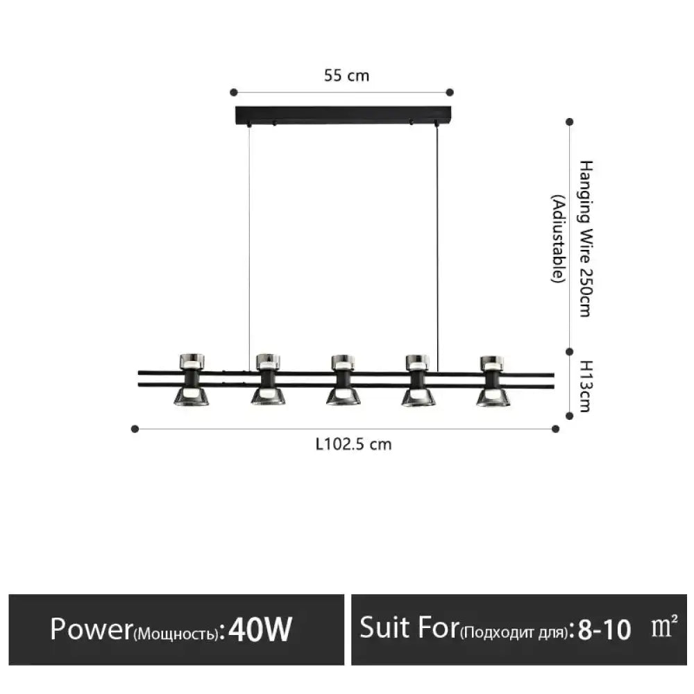 Modern black and chrome linear led strip lamp with five chrome spotlights and adjustable hanging wire for kitchen island lighting
