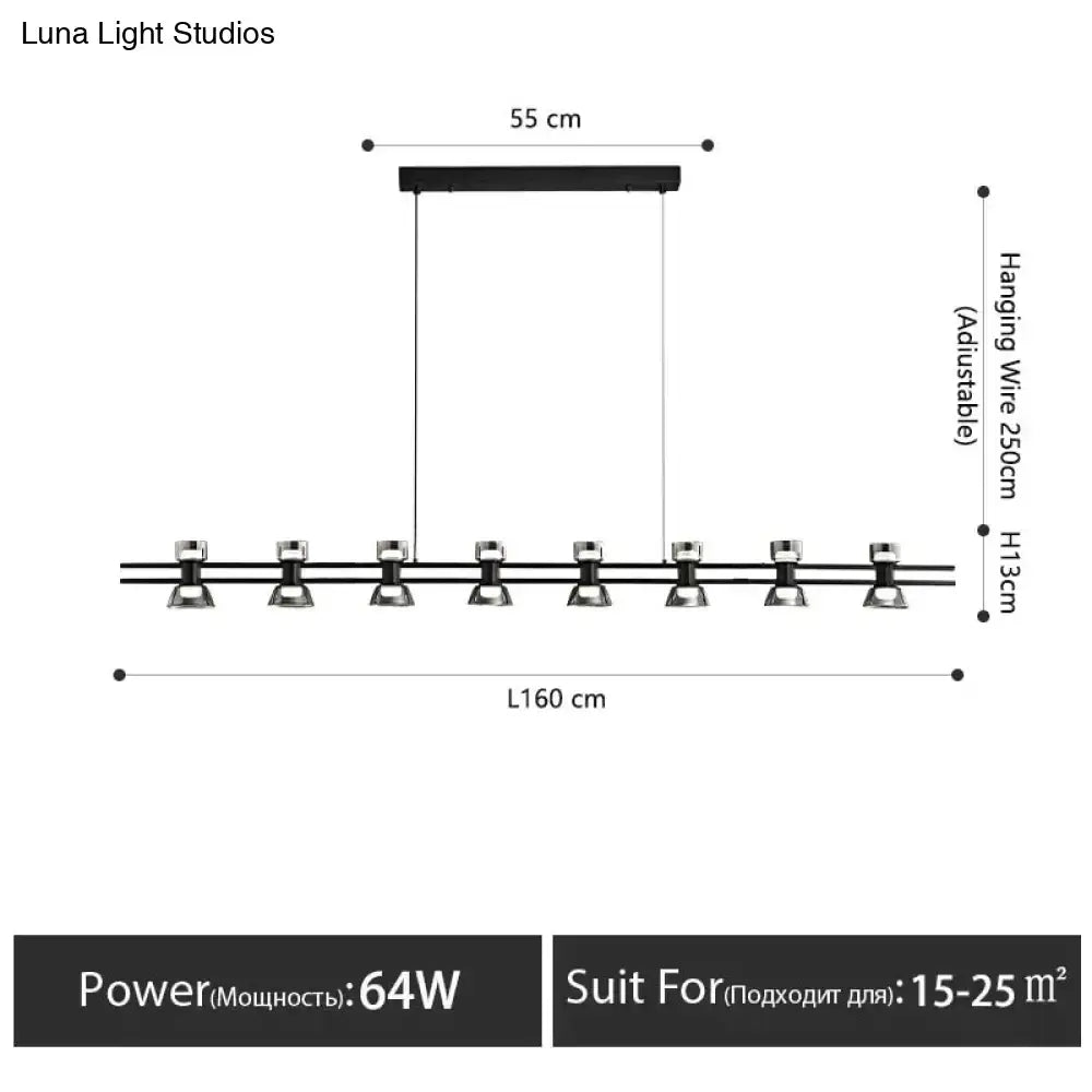 Modern black and chrome linear led strip lamp with ten adjustable spotlights 160 cm for kitchen island lighting