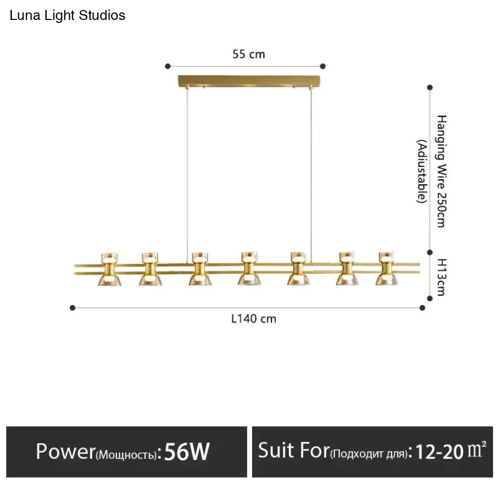 Gold-finished modern linear led strip lamp with six adjustable spotlights and 55 cm wide bar for kitchen island lighting