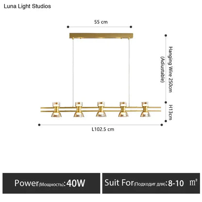 Modern black and chrome led strip lamp featuring a gold-toned linear pendant with five clear glass bulbs for kitchen island lighting