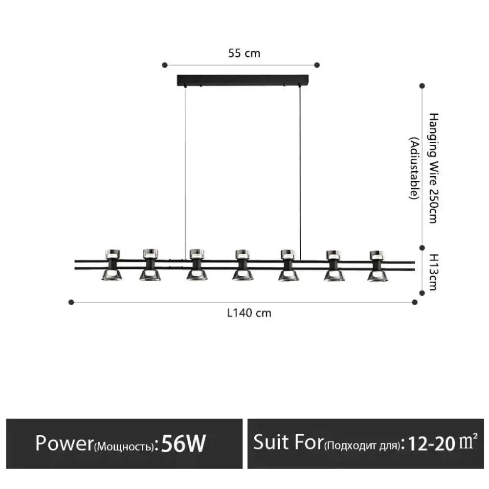 Modern black and chrome linear led strip lamp with six adjustable spotlights and 140 cm length for kitchen islands