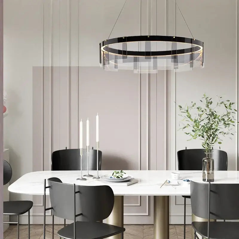 Modern black and clear acrylic glass circle led luxury chandelier with gold accents for kitchen island decorbites glass circle