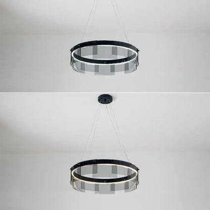 Modern black and clear glass circle led luxury chandelier with sleek metal frame and integrated warm led ring illumination