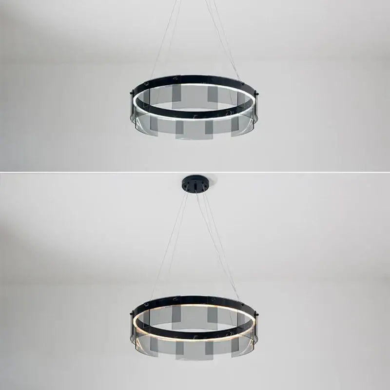 Modern black and clear glass circle led luxury chandelier with sleek metal frame and integrated warm led ring illumination