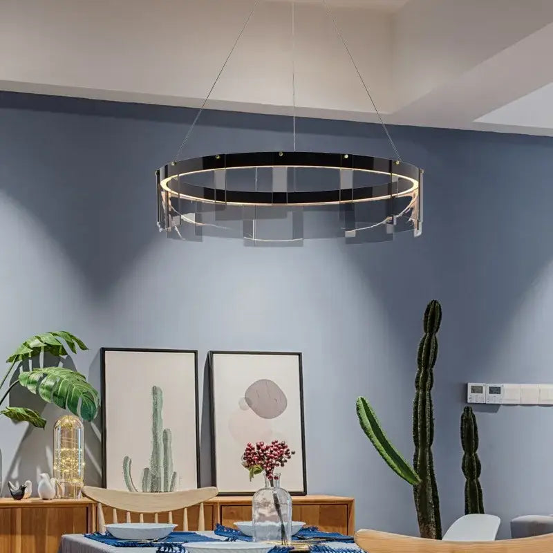 Modern black and clear glass circle led luxury chandelier with sleek acrylic design and illuminated inner ring for kitchen island decorbites glass circle