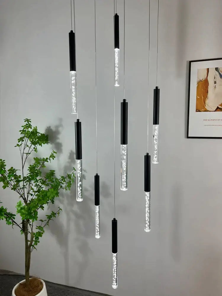 Modern black and clear glass cylindrical chandelier with embedded led bulbs by decorbites cylindrical chandelier