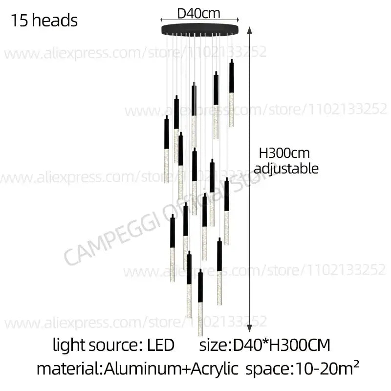Modern black and clear acrylic decorbites cylindrical chandelier with 15 led light heads for staircase lighting