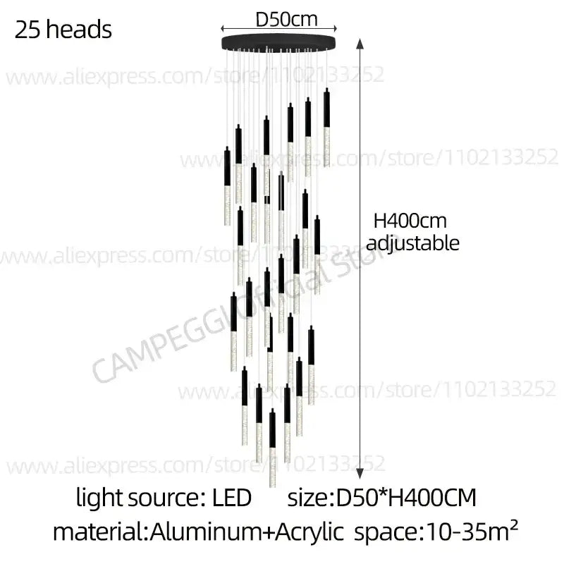 Modern black and silver decorbites cylindrical chandelier with 25 led light heads and adjustable aluminum base for staircase lighting