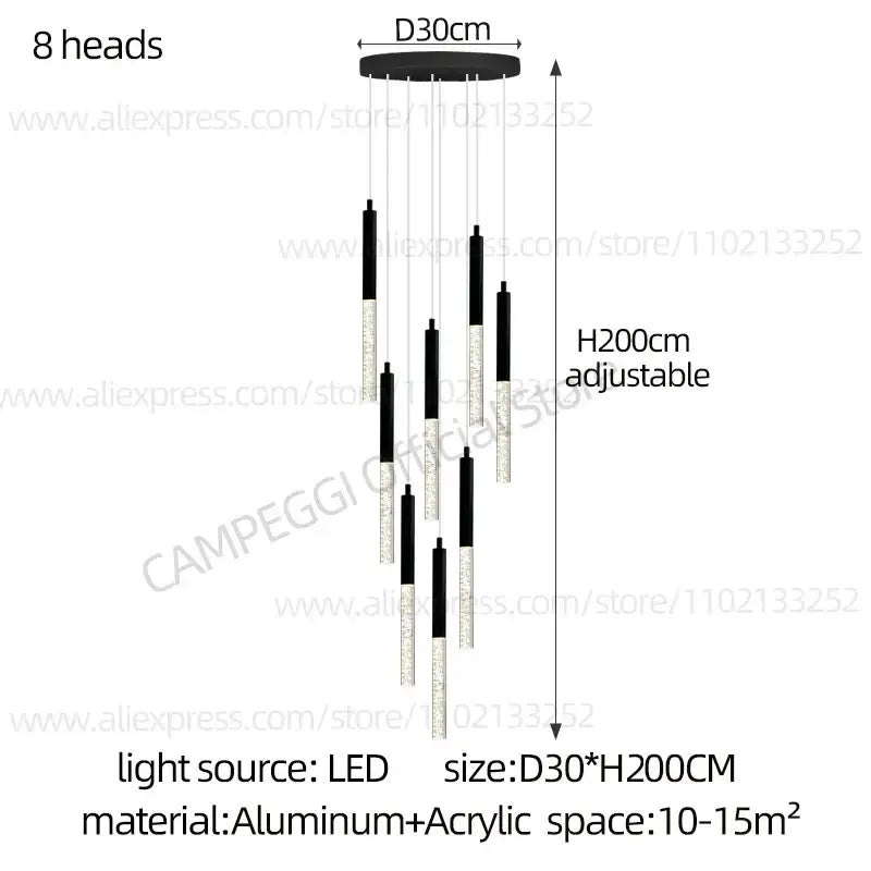 Modern black and clear glass cylindrical chandelier with eight adjustable arms for staircase decorbites cylindrical chandelier
