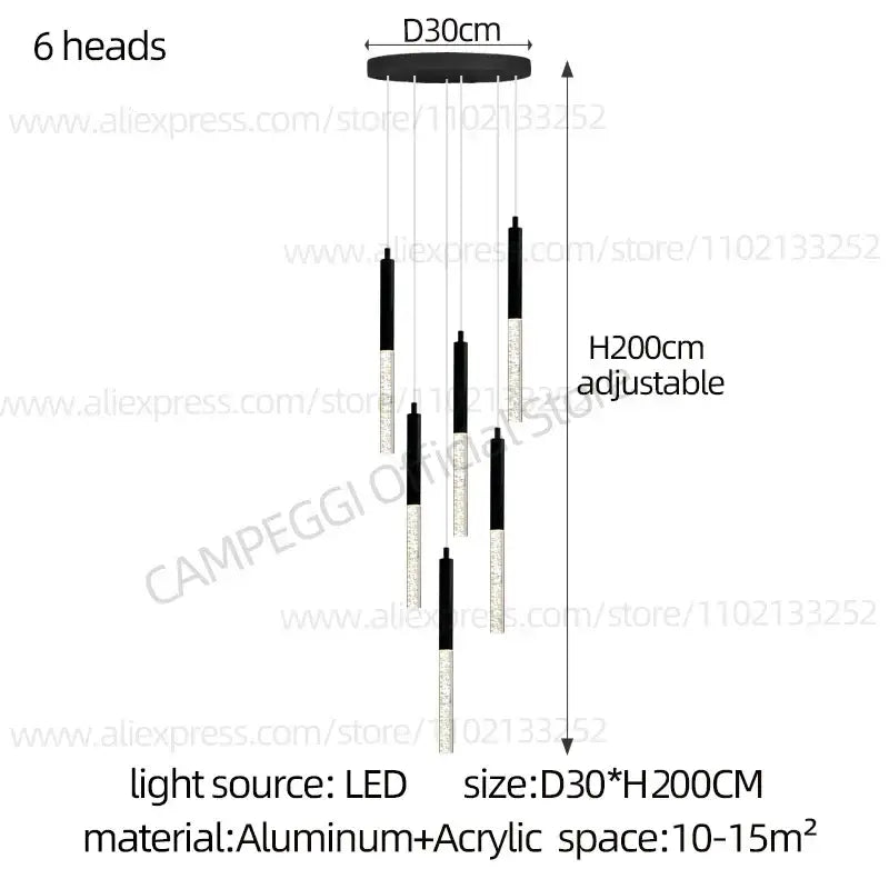 Modern black and clear acrylic decorbites cylindrical chandelier with six led lights for staircase lighting decorbites cylindrical chandelier