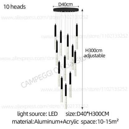 Modern black and clear glass cylindrical chandelier with ten led light heads for staircase decorbites cylindrical chandelier