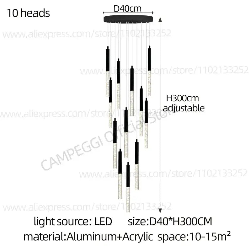 Modern black and clear glass cylindrical chandelier with ten led light heads for staircase decorbites cylindrical chandelier