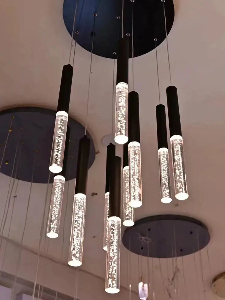 Modern black and clear glass cylindrical chandelier with sparkling led effects for staircase decorbites cylindrical chandelier