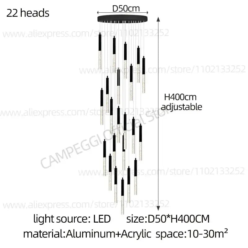 Modern black and clear glass decorbites cylindrical chandelier with 22 led light heads for staircase lighting