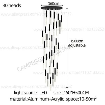 Modern black and clear glass cylindrical chandelier with 30 led lights and adjustable aluminum base by decorbites cylindrical chandelier