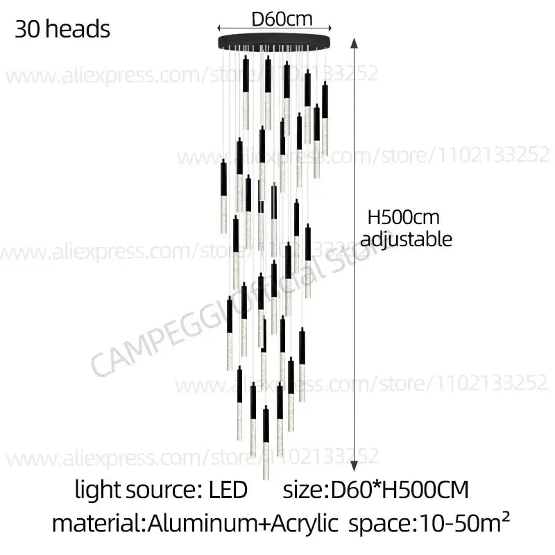 Modern black and clear glass cylindrical chandelier with 30 led lights and adjustable aluminum base by decorbites cylindrical chandelier