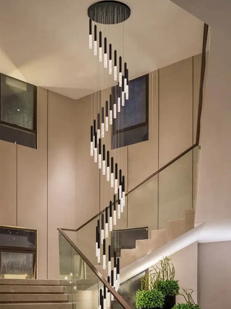Modern black and clear glass cylindrical chandelier by decorbites with spiral design for staircase lighting decorbites cylindrical chandelier