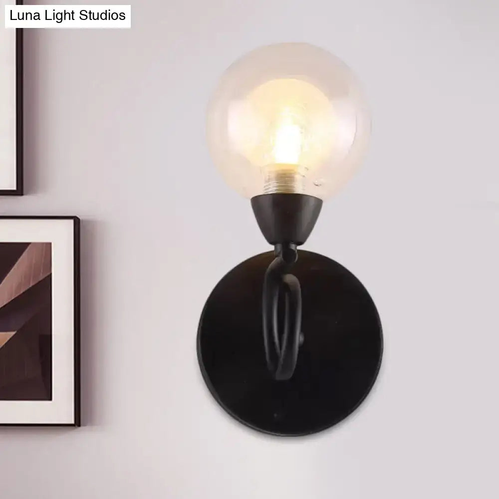 Modern black wrought iron wall lamp with frosted glass globe light fixture for living room lighting