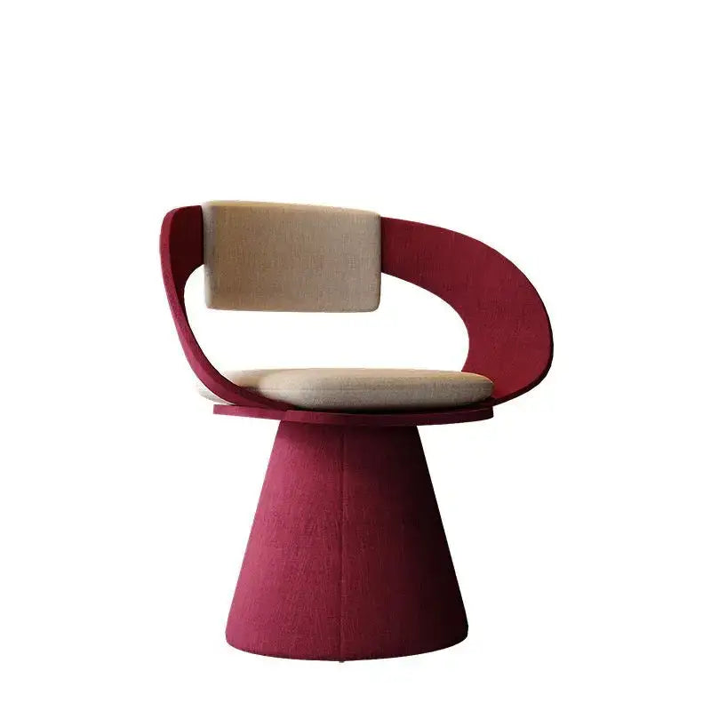 A modern burgundy elegant rotating chair with a sleek curved frame and beige upholstered seat for bedroom or makeup use