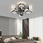 Modern black and crystal led ceiling fan with circular ring chandelier and spherical glass accents for bedroom decorbites led ceiling