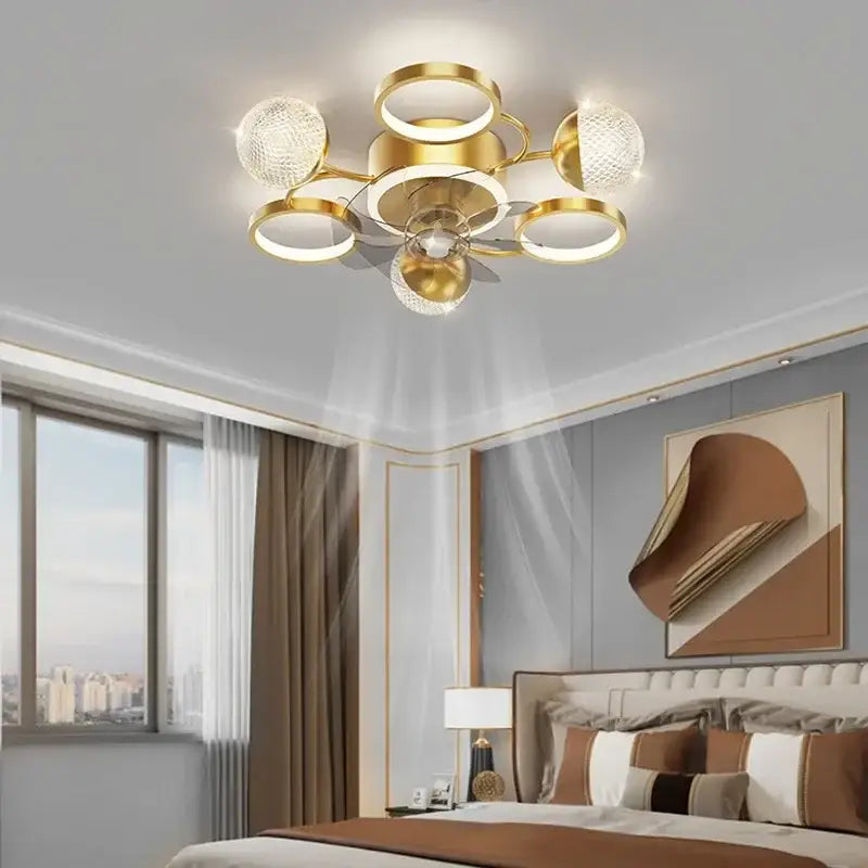 Modern black and crystal led ceiling fan with lights featuring gold-toned rings and textured glass globes for bedroom decorbites led ceiling