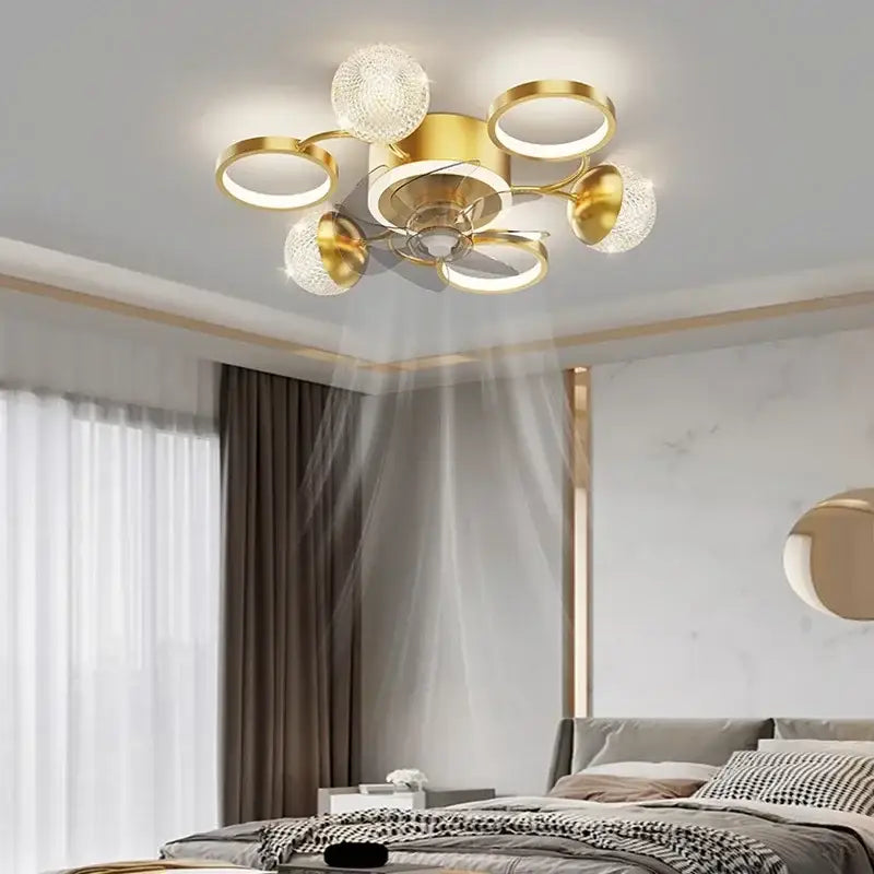 Modern black and crystal led ceiling fan with gold-toned integrated lights and crystal spherical shades for bedroom decorbites led ceiling