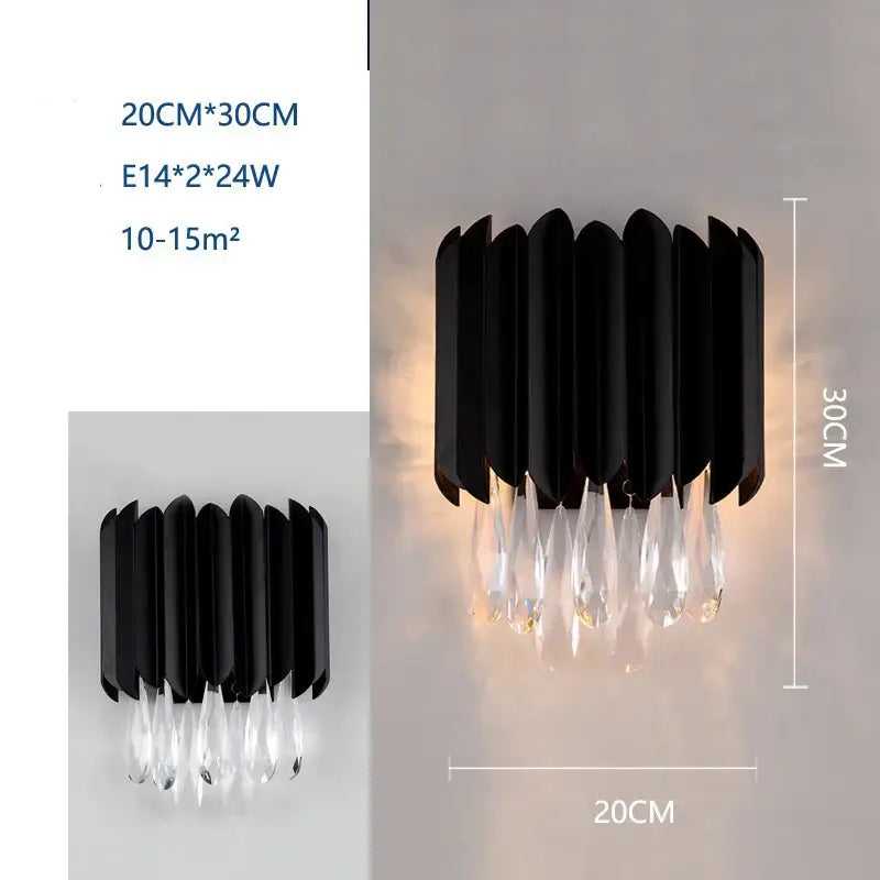 Modern black and crystal wall lamp with segmented design and dangling clear crystal droplets for living room decorbites crystal wall lamp
