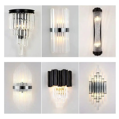 Modern black and crystal wall lamp with clear glass tubes and metallic accents as a decorbites crystal wall lamp for living room