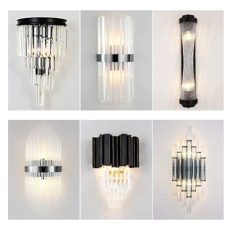 Modern black and crystal wall lamp with clear glass tubes and metallic accents as a decorbites crystal wall lamp for living room