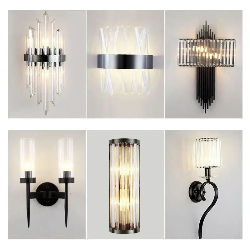 Modern black and crystal wall lamp with clear glass prisms and brushed nickel or black metal frame for living room decorbites crystal wall