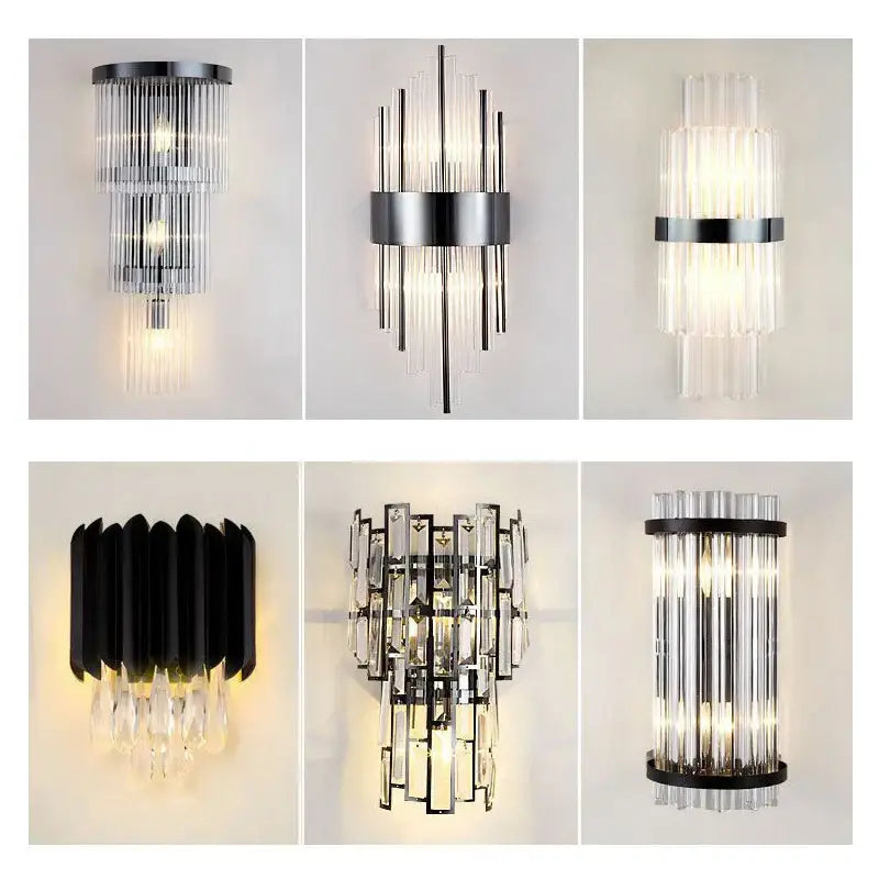 Modern black and crystal wall lamp featuring sleek metallic frame and cascading glass tubes for living room decorbites crystal wall lamp